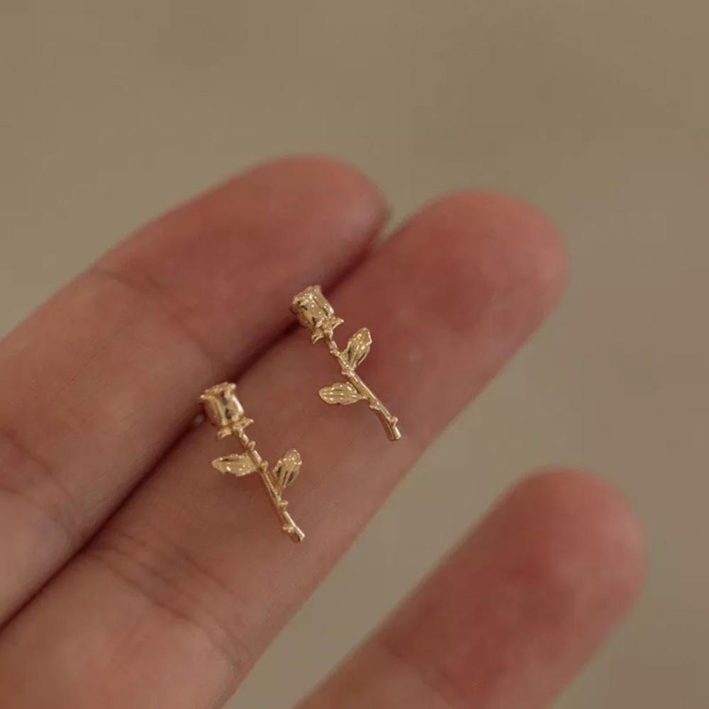 Sterling Silver Gold Toned Rose and Stem Flower Earrings